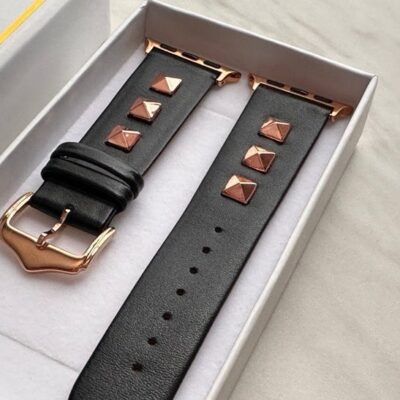 Black Leather Apple Watch Band with Rose Gold Studs 38mm 40mm 41mm NIB